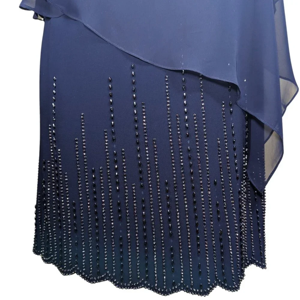 Xscape 14W Navy Blue Mother of the Bride Layered Chiffon Beaded Lined Dress - Picture 6 of 12
